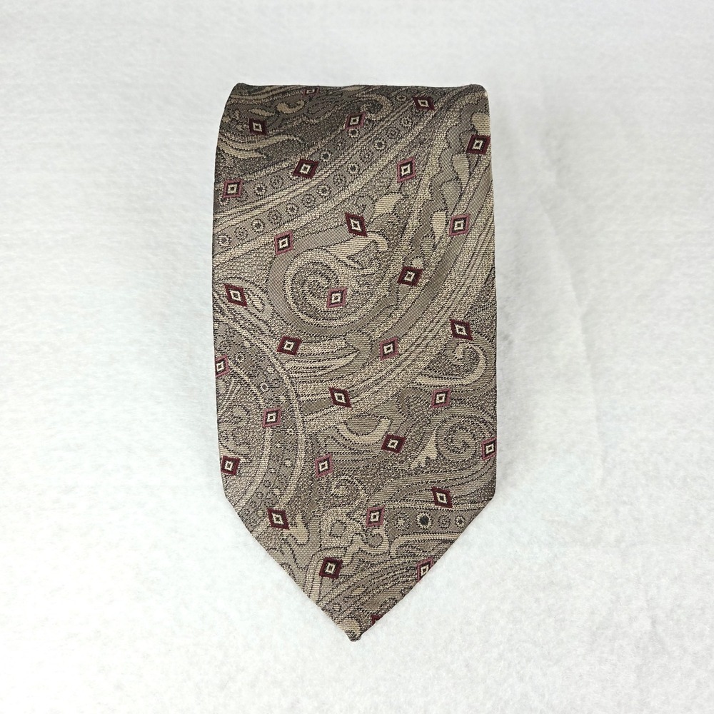 Oscar de la Renta Studio Men's Necktie Polyester Silk Paisley Taupe/Burgandy